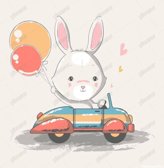 وکتور نقاشی بچه خرگوش سوار ماشین با بادکنک - وکتور تصویرسازی ...