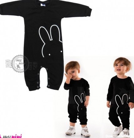 لباس سرهمی نوزاد و کودک نخی دورس مشکی خرگوش Baby cotton sleepsuits