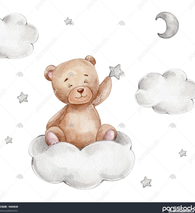 خرس عروسکی زیبا با ستاره روی ابر می نشیند تصویر کشیده شده با آبرنگ ...