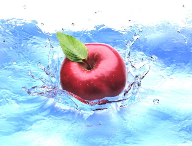دانلود تصویر زیبا از سیب با برگ در آب