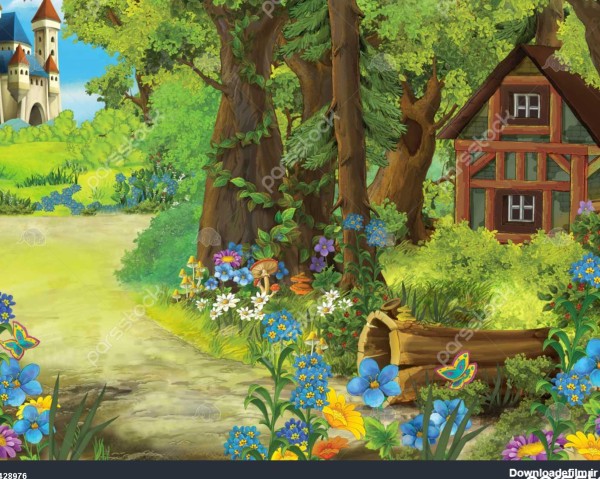 صحنه طبیعت کارتون با خانه قدیمی در جنگل و قلعه در پس زمینه تصویر ...