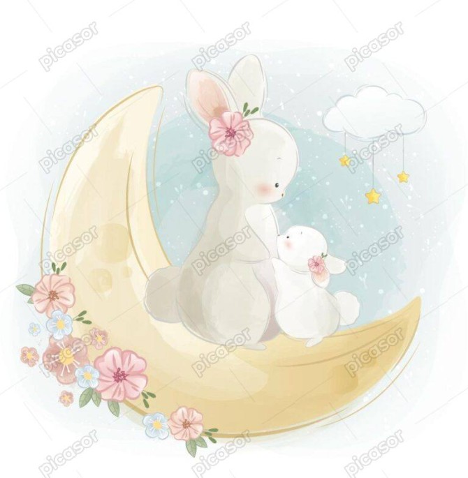 وکتور نقاشی خرگوش مادر با بچه خرگوش روی هلال ماه - وکتور تصویرسازی نقاشی آبرنگی کودکانه از خرگوش و بچه اش