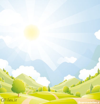 فایل کارتونی طبیعت زیبا و منظره روستایی با خورشید درخشان بصورت وکتور (Beautiful Natural Scenery And Sun Vector)