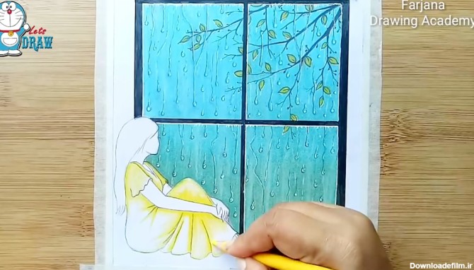 دختری که روی پنجره نشسته است | آموزش نقاشی