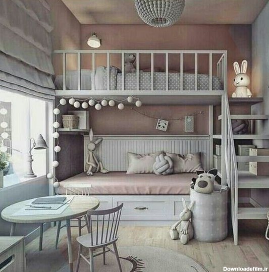 عکس اتاق خواب دخترانه کوچک تخت در نیم طبقه بالا