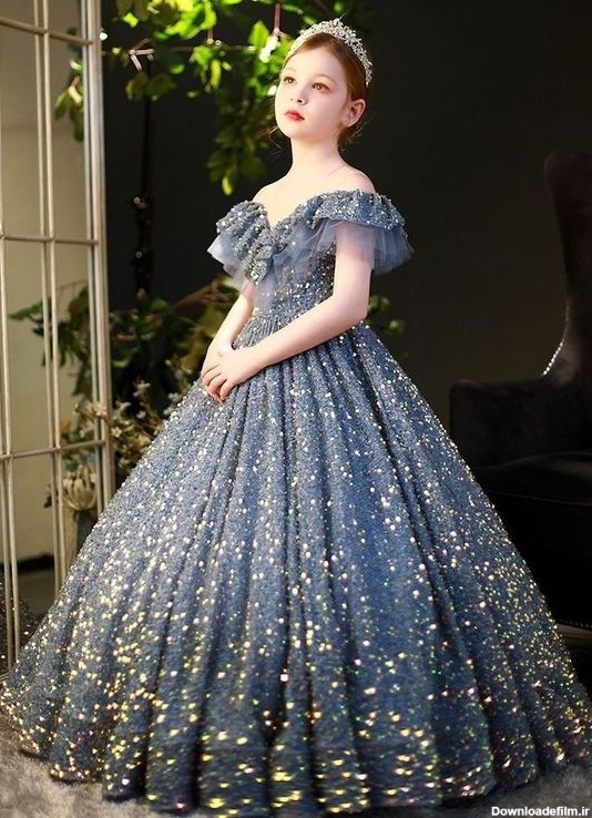 لباس مجلسی دخترانه 14 ساله عروسکی آبی نیلی شاین یقه دلبری