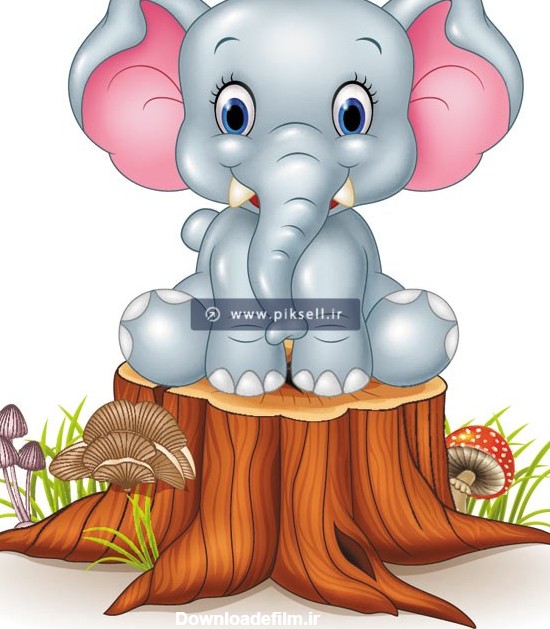 فایل لایه باز وکتور با طرح کارتونی فیل خاکستری نشسته روی تنه درخت