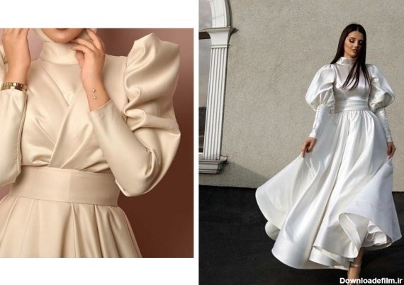 مدل لباس مجلسی بلند با پارچه ساتن و گیپور + عکس های متنوع