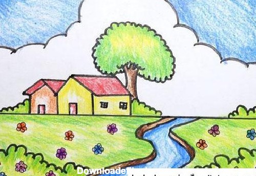 عکس نقاشی طبیعت بهاری کودکانه