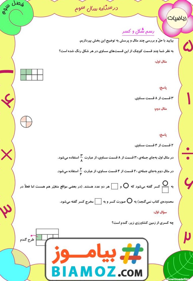 درسنامه فصل 3 عددهای کسری ریاضی با پاسخ (سری1) — سوم دبستان