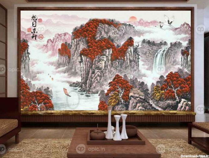 دانلود طرح کاغذ دیواری نقاشی چینی به سبک چینی ، آب و ثروت ، طلوع ...