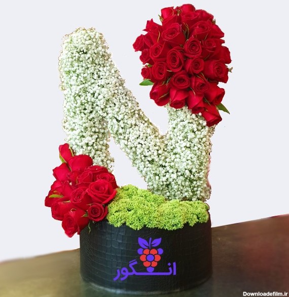 باکس گل لاکچری حرف N با گلهای رز سرخ و عروس |گل فروشی انگور