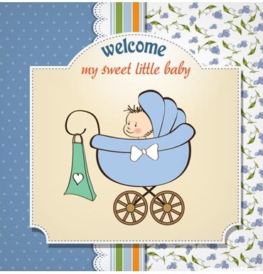 وکتور کارتونی پسر بچه در کالسکه بصورت لایه باز (Cartoon Baby Card Vector)
