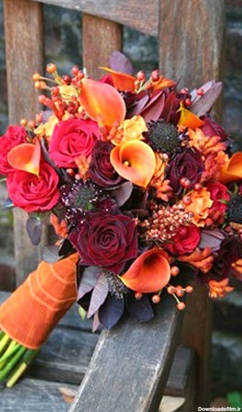 دسته گل پاییزی عروس با گل های رز و ارکیده + تصاویر