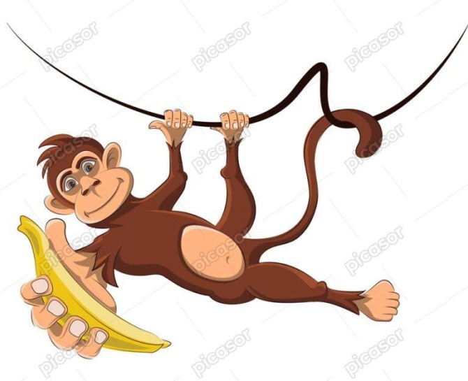 وکتور میمون آویزان با موز طرح کارتونی