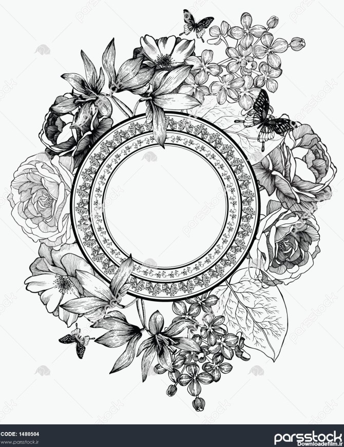 تصویر برداری سیاه و سفید قاب با گل و پروانه طراحی دستی 1480504