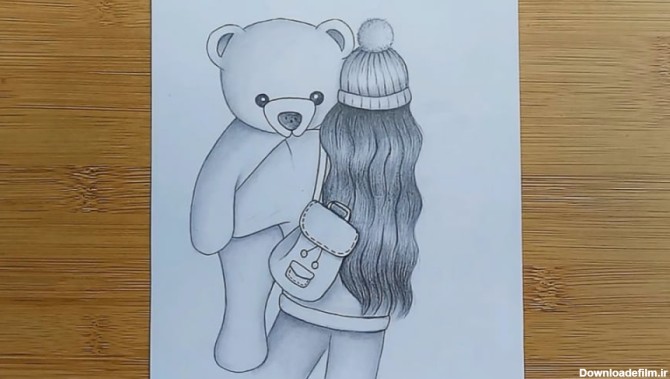 آموزش نقاشی سیاه قلم دختر و خرس عروسکی