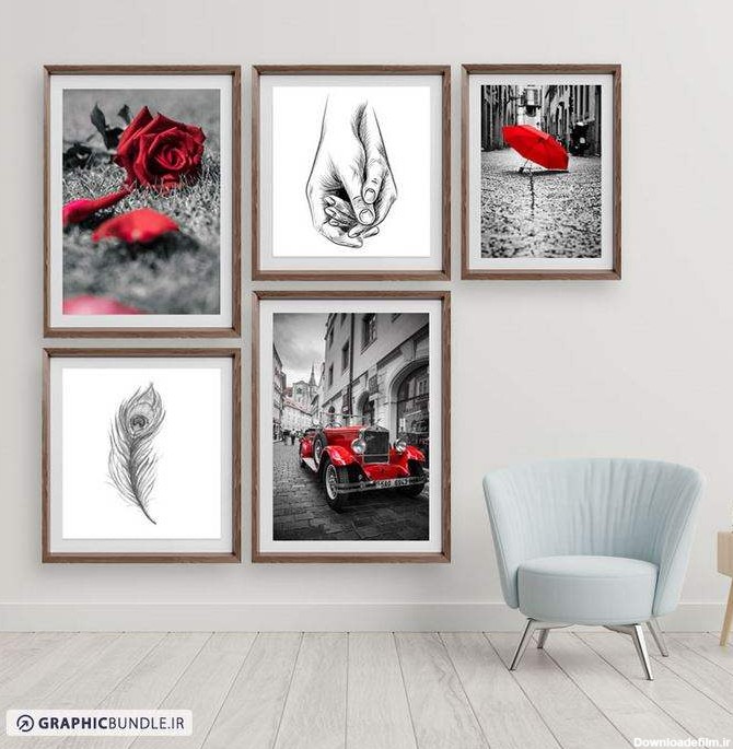 طرح 5 تابلوعکس با تم سیاه و سفید و قرمز با طرحهای گل رز قرمز ، ماشین و چتر قرمز ، پر و دست در دست