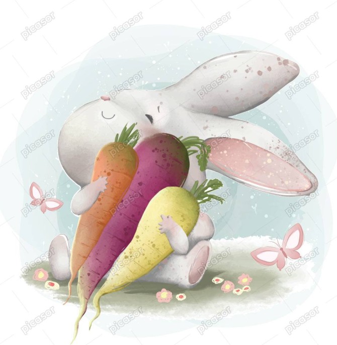 وکتور خرگوش سفید با هویج و چغندر طرح نقاشی آبرنگ » پیکاسور