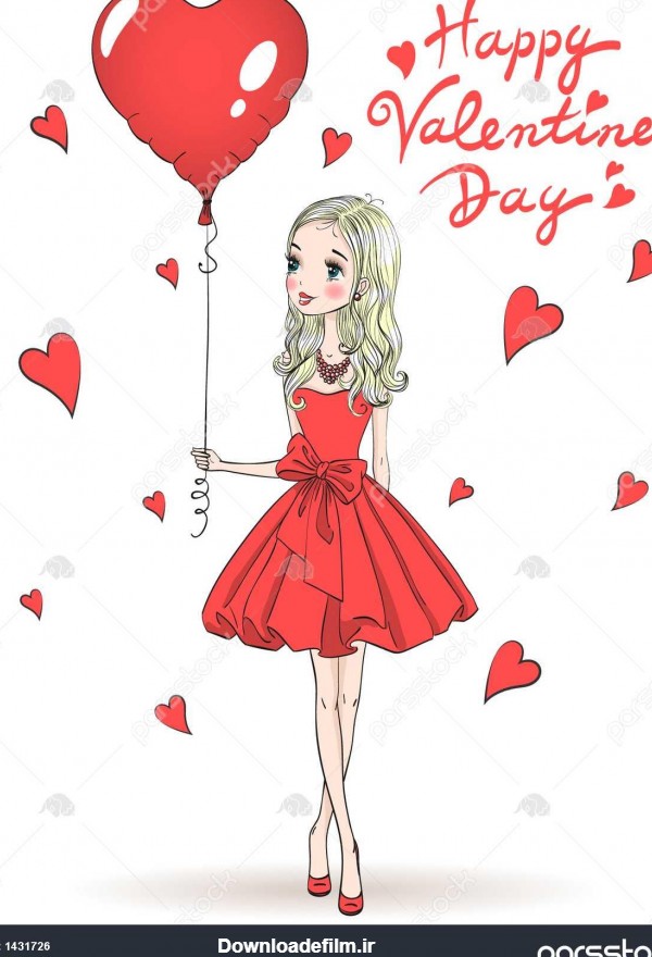 زیبا زیبا دختر عاشقانه در عشق در لباس قرمز با قلب بالون در پس ...