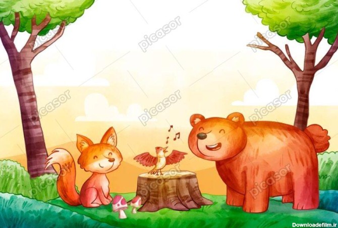 وکتور نقاشی حیوانات شاد جنگل روباه خرس بلبل طرح نقاشی کودکانه - وکتور نقاشی کودکانه از حیوانات