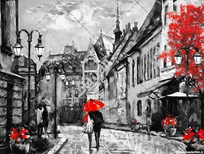 عکس نقاشی عاشقانه زن و مرد با چترن قرمز