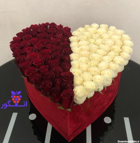 باکس گل رز قرمز و سفید - شکل قلب - خرید باکس گل - گلفروشی آنلاین