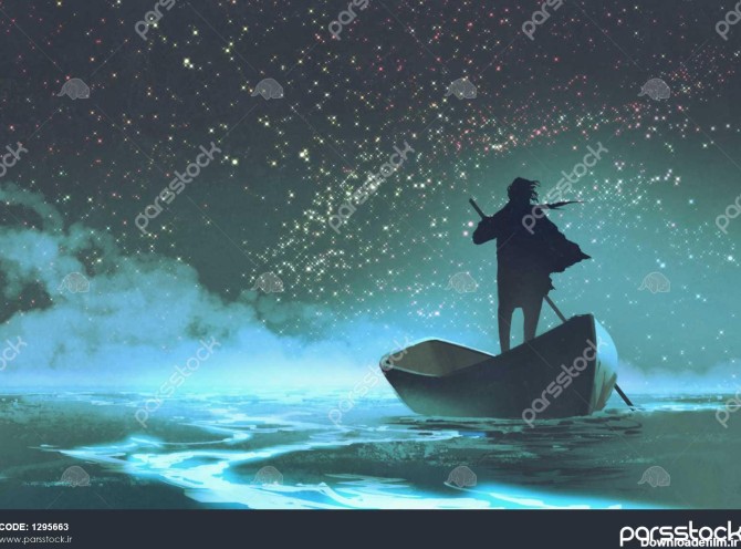 مردی در حال پارو زدن با قایق در دریا زیر آسمان زیبا با ستاره ...