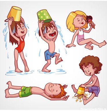 دانلود وکتور مجموعه کاراکترهای کارتونی آب بازی و شن بازی بچه ها در ساحل