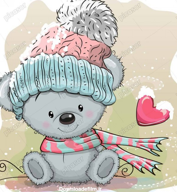 وکتور خرس کارتونی تدی بر خاکستری با کلاه زمستانی » پیکاسور
