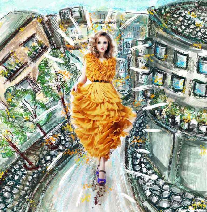 دانلود تصویر نقاشی دختر با لباس زرد | تیک طرح مرجع گرافیک ایران
