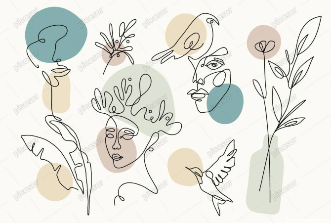 وکتور گل و صورت زن نقاشی خطی مینیمال » پیکاسور