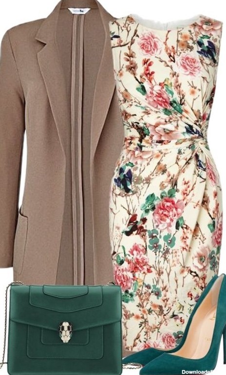 لباس مجلسی گلدار زنانه سفید با ست کیف و کفش سبز شیک و خوشکل 1400