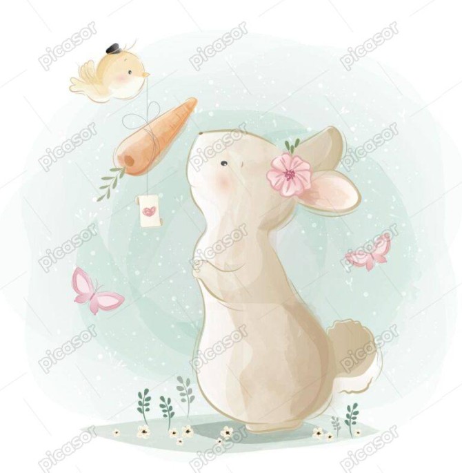 وکتور نقاشی خرگوش و هویج و پرنده - وکتور تصویرسازی نقاشی آبرنگی کودکانه از پرنده در حال آوردن هویج برای خرگوش