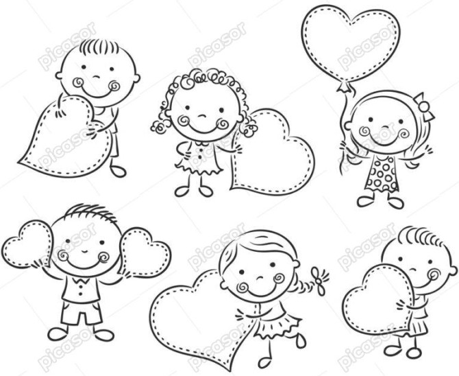 6 وکتور نقاشی خطی از کودکان با بنر قلبی - وکتور نقاشی پسر بچه و دختر بچه کنار هم