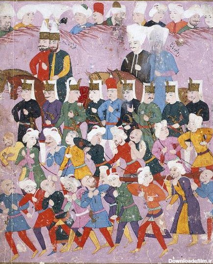 سلطان عثمان دوم به همراه وزیر داوود پاشا در صف ینی‌چری‌ها و سپاهیان عثمانی، در راه خوتین برای جنگ با لهستان، سال ۱۶۲۱