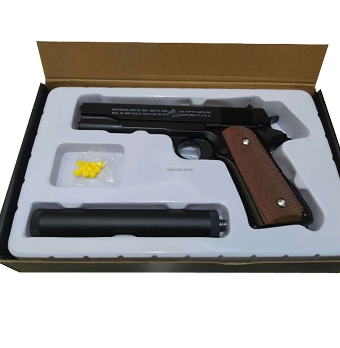 تفنگ کلت فلزی ایرسافت گان  +C1911 A با صدا خفه کن فلزی و یک بسته ساچمه ۳۰۰ تایی در ارزانترین فروشگاه اینترنتی ایران ارزان