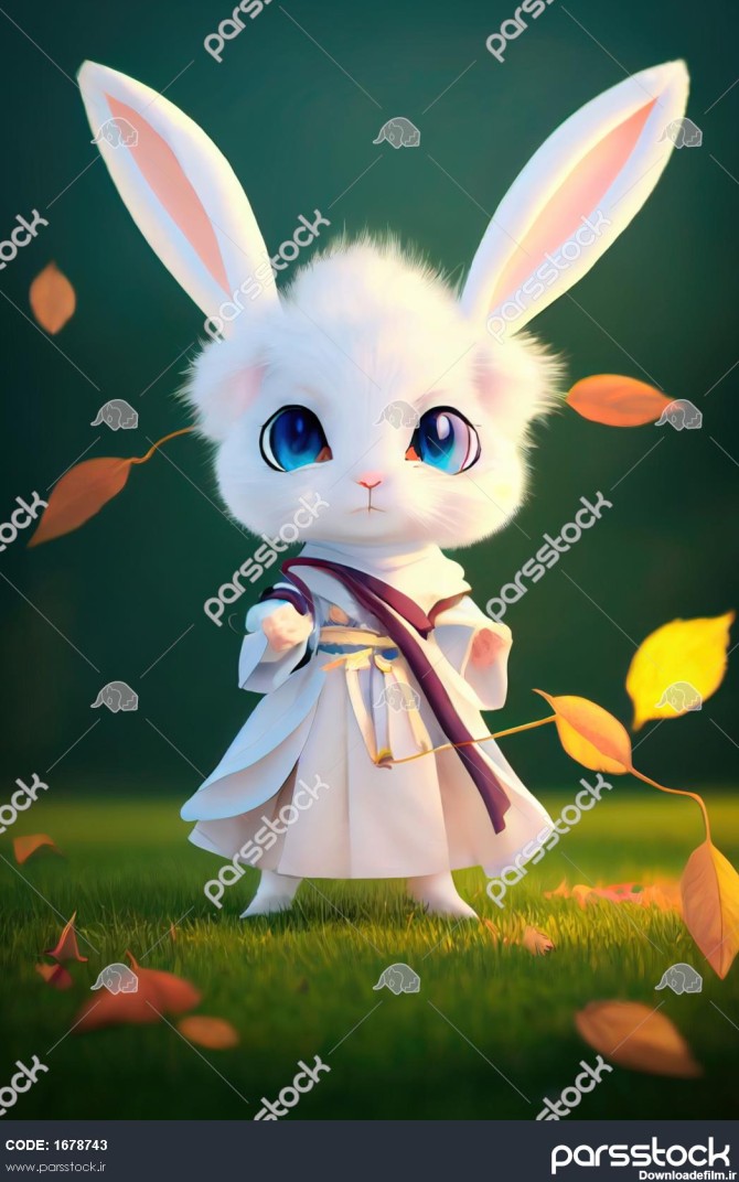 خرگوش ناز کارتونی سفید روی چمن سبز خرگوش بامزه در پس زمینه ...