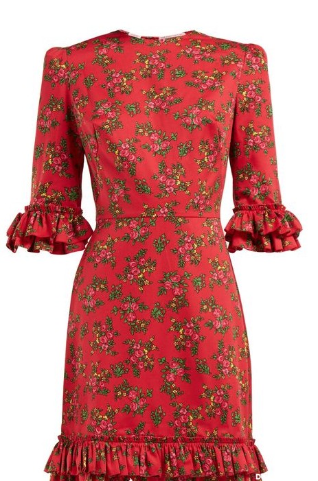 لباس مجلسی قرمز گلدار زنانه بلند آستین دار یقه بسته پوشیده زیبا