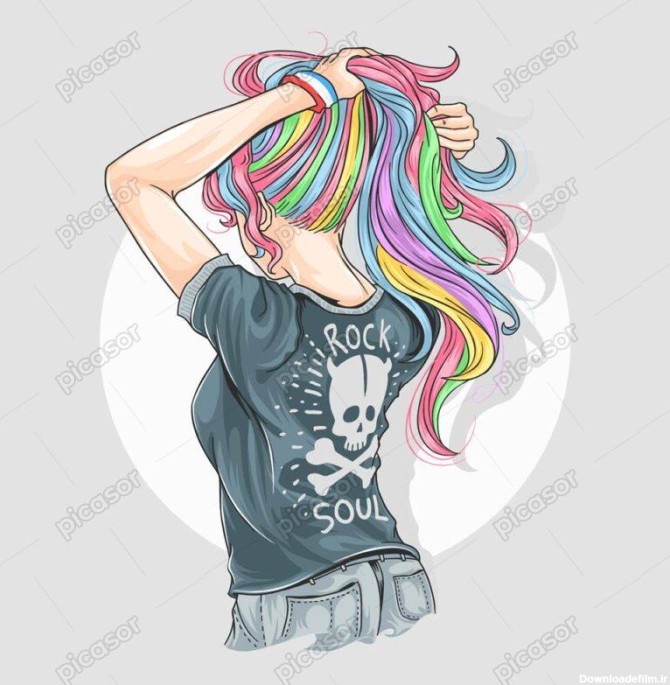 وکتور دختر با موهای رنگی از پشت سر با استایل راک
