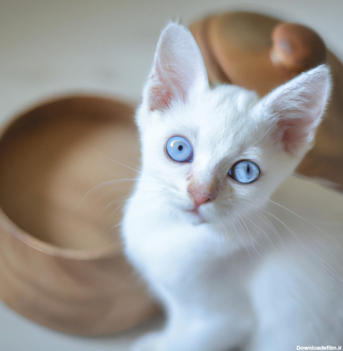یک بچه گربه سفید با چشمان آبی رنگ در کنارش یک بشقاب کوچک چوبی است ...