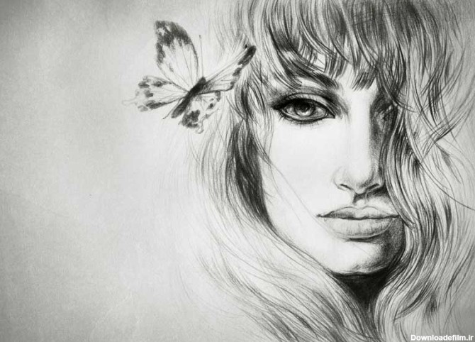 دانلود تصویر نقاشی سیاه و سفید چهره دختر و پروانه | تیک طرح مرجع ...