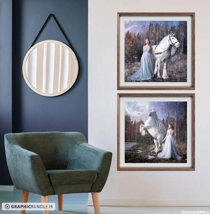 طرح دو تابلوی عکس فانتزی از دختر جوان و اسب سفید رویایی در جنگل