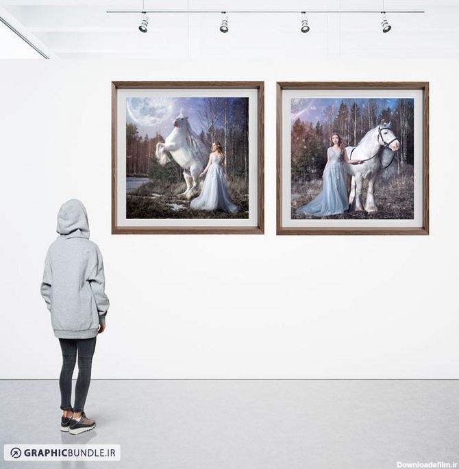 طرح دو تابلوی عکس فانتزی از دختر جوان و اسب سفید رویایی در جنگل