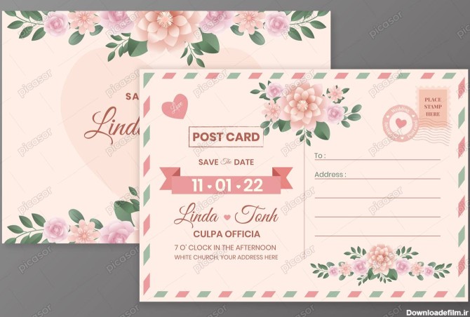2 وکتور کارت عروسی طرح کارت پستال با قاب حاشیه گلهای رنگی ...