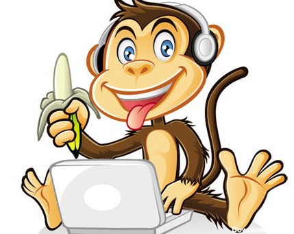 طرح کارتونی میمون در حال خوردن موز و کار با لپ تاپ