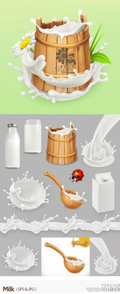 دانلود تصاویر وکتور شیر، پاکت شیر، شیشه شیر، شیر ریخته شده، سطل شیر -