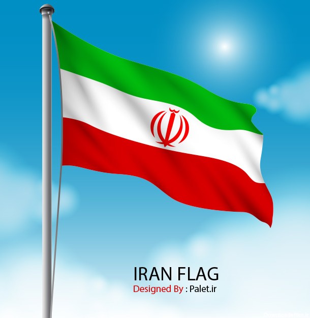 دانلود وکتور لایه باز پرچم ایران روی میله پرچم و پس زمینه آسمان آبی