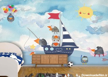 پوستر دیواری اتاق کودک طرح کلاغ‌ها در قایق و دریا