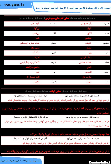 راهنمای گام به گام فارسی نهم | درس 1: آفرینش همه تنبه خداوندِ دل ...